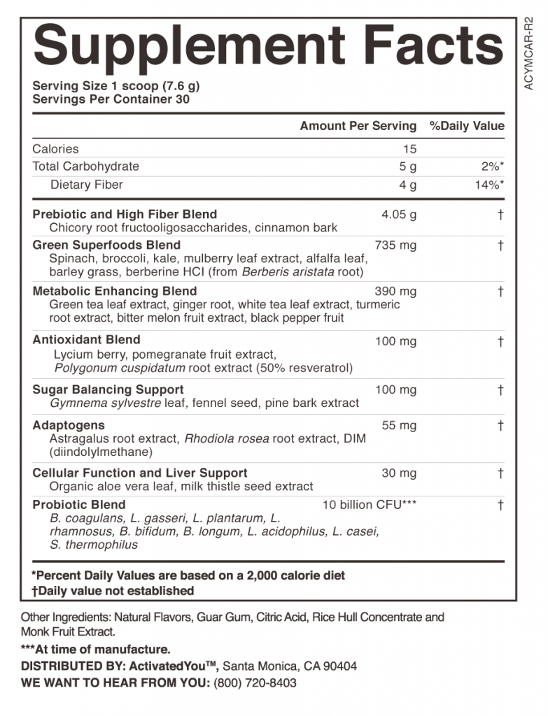 Activatedyou Morning Complete supplement Facts